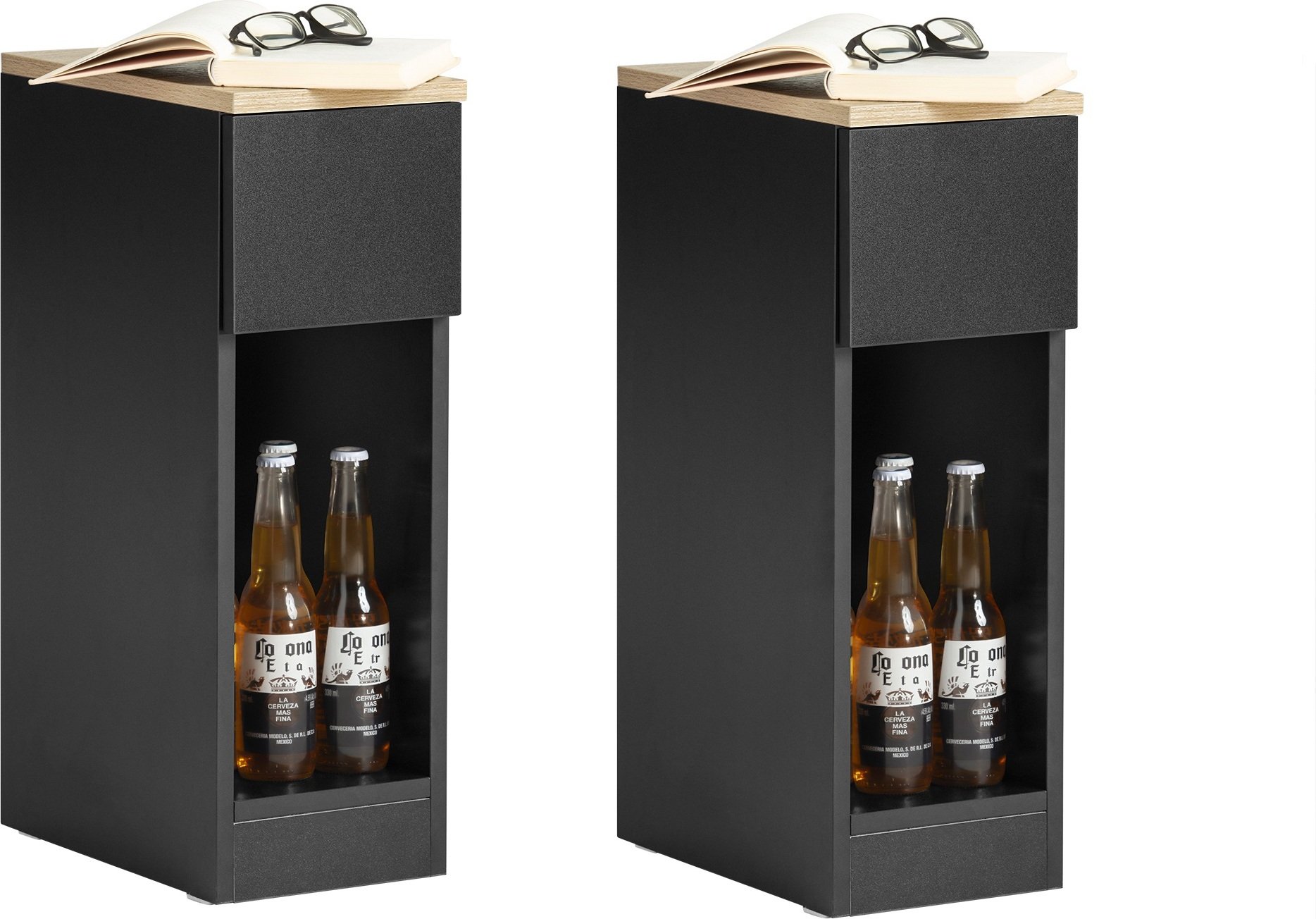 SoBuy FBT111-SCH x2 stolik nocny zestaw 2 z szufladą stolik rozkładany 2 części stolik boczny wąska szafka nocna komoda nocna czarna WHT ok. 20x60x35cm