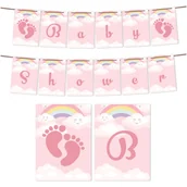 Baby shower i roczek - GIRLANDA BANER BABY SHOWER TĘCZA RÓŻ + SZNUREK Z2 - miniaturka - grafika 1