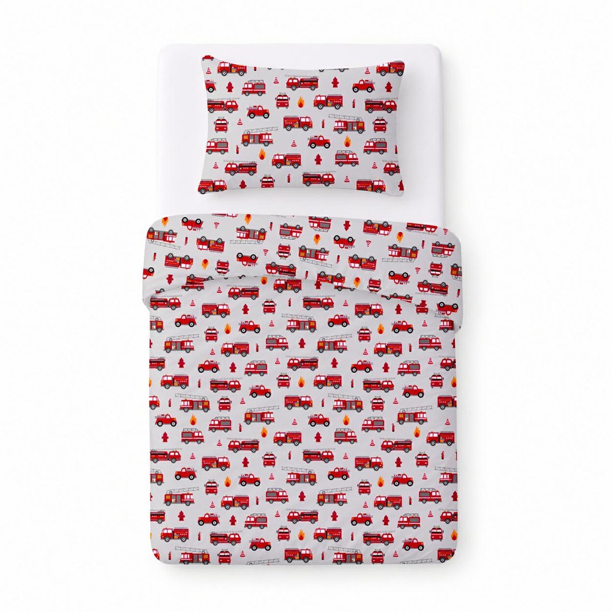 Pościel bawełniana dziecięca 100x135 szara w czerwone wozy strażackie, dziecięcy nowoczesny - COTTON HOME KIDS
