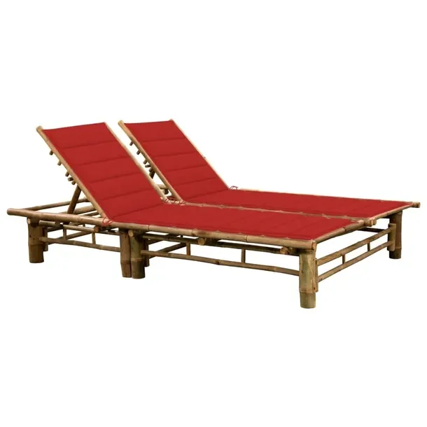 Leżak 2-osobowy z bambusa z czerwonymi poduszkami 200 x 130 x (24-87) cm