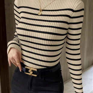 TEMU Sweter z Eleganckim Golfem dla Kobiet - Czarne i Białe Paski Poziome, Długi Rękaw, Regularny Krój z Falbanką na Dole, Od Casualu do Formalnego - Swetry damskie - miniaturka - grafika 1