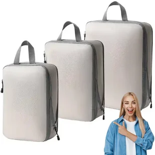 ORGANIZER KOMPRESYJNY do pakowania walizki Podróżne Torby Zestaw 3 szt     BEŻOWY - Akcesoria podróżnicze - miniaturka - grafika 1