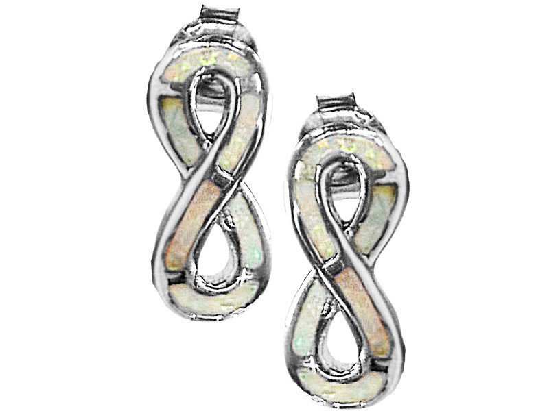 Srebrne kolczyki 925 ażurowe nieskończoności z białym opalem na sztyft