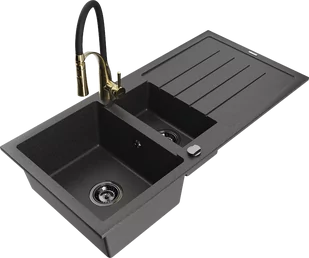 Mexen Andres zlewozmywak granitowy 1,5-komorowy z ociekaczem i baterią kuchenną Aster, czarny nakrapiany - 6515-76-73450-57-B - Zlewozmywaki z baterią - miniaturka - grafika 1