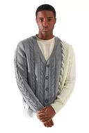 Swetry męskie - Trendyol Męski wzór, standardowy standardowy kardigan z dekoltem w serek, Szary, L - miniaturka - grafika 1