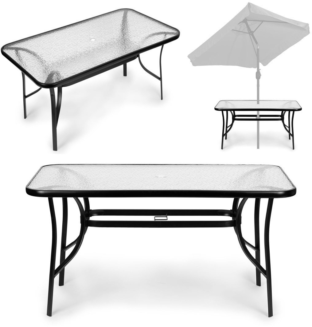 Goodhome Stół ogrodowy 160x90 cm szkło hartowane duży blat na taras ogród otwór na parasol MultiGarden EDUKAMP