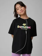 Koszulki dla dziewczynek - 4F T-shirt loose z nadrukiem dziewczęcy - czarny 146/152 (10-12 lat) - miniaturka - grafika 1