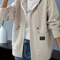 Bluzy damskie - TEMU Elegancka damska kardiganowa bluza z kapturem - Zimowa ciepła z regulowanym kapturem i dopasowanym kołnierzykiem, zapinana na pełny zamek - miniaturka - grafika 1