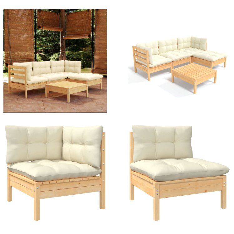 vidaXL 5-częściowy zestaw wypoczynkowy do ogrodu z kremowymi poduszkami z drewna sosnowego - Zestaw wypoczynkowy do ogrodu - Zestawy wypoczynkowe do ogrodu - Zestaw mebli ogrodowych - Zestawy mebli ogrodowych