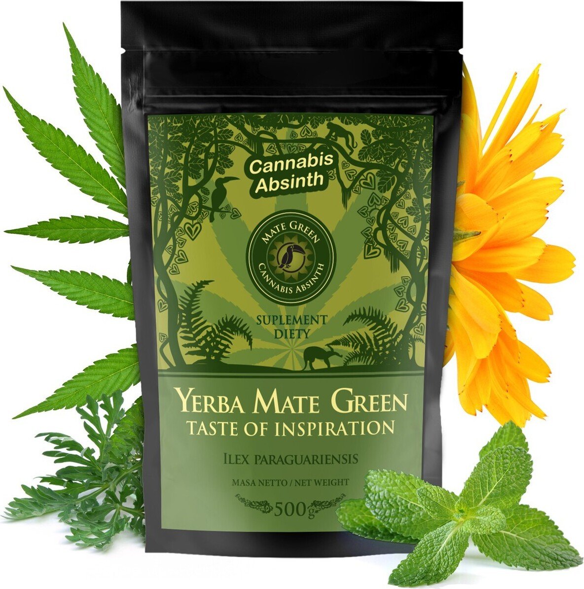 Yerba Mate Green Cannabis Absinthe 500g - mąka konopna, mięta i nagietek - brazylijska herbata z liści mate