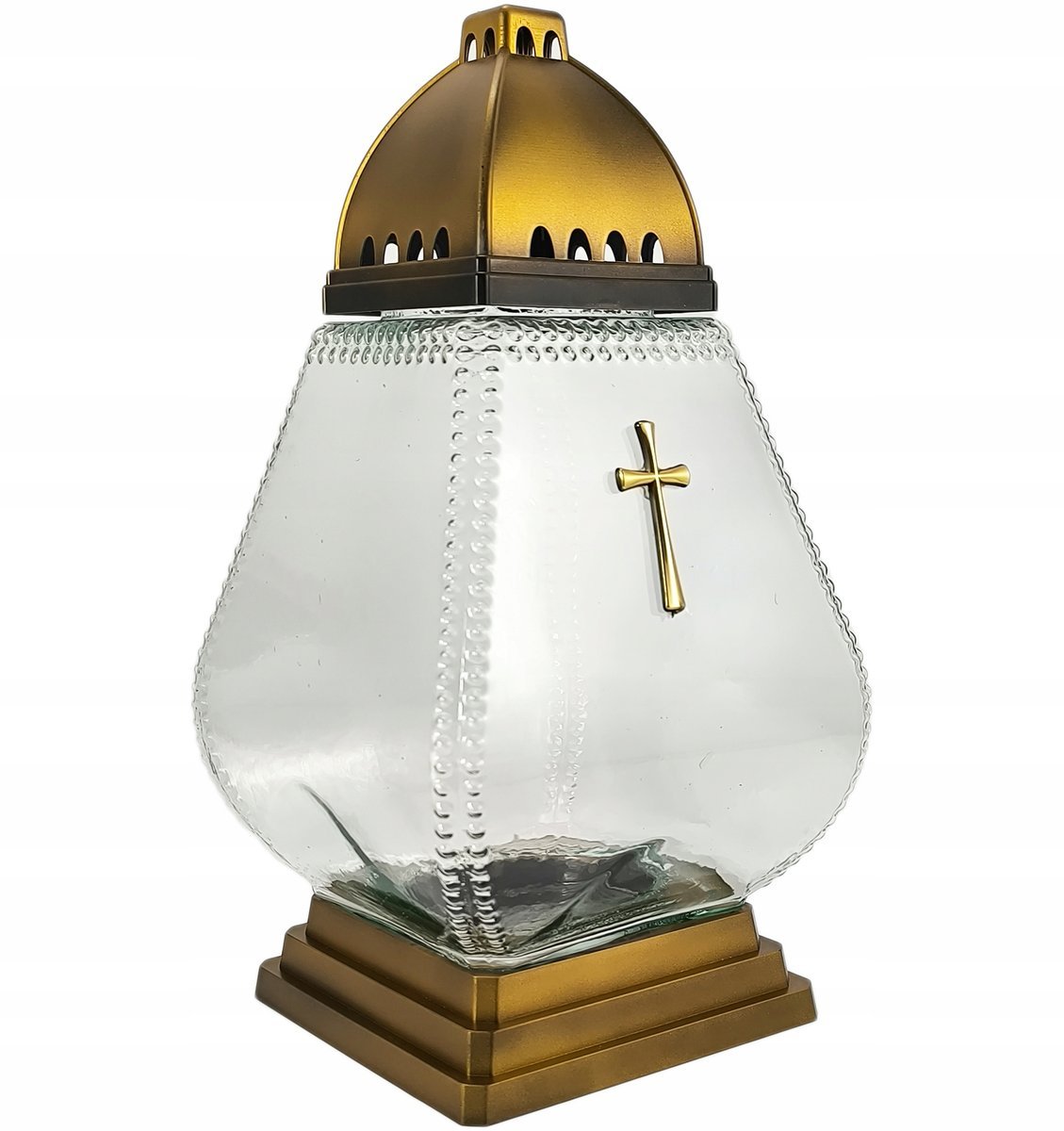 Elegancki znicz kapliczka szklana z Krzyżem - Wzór Złoty 31cm