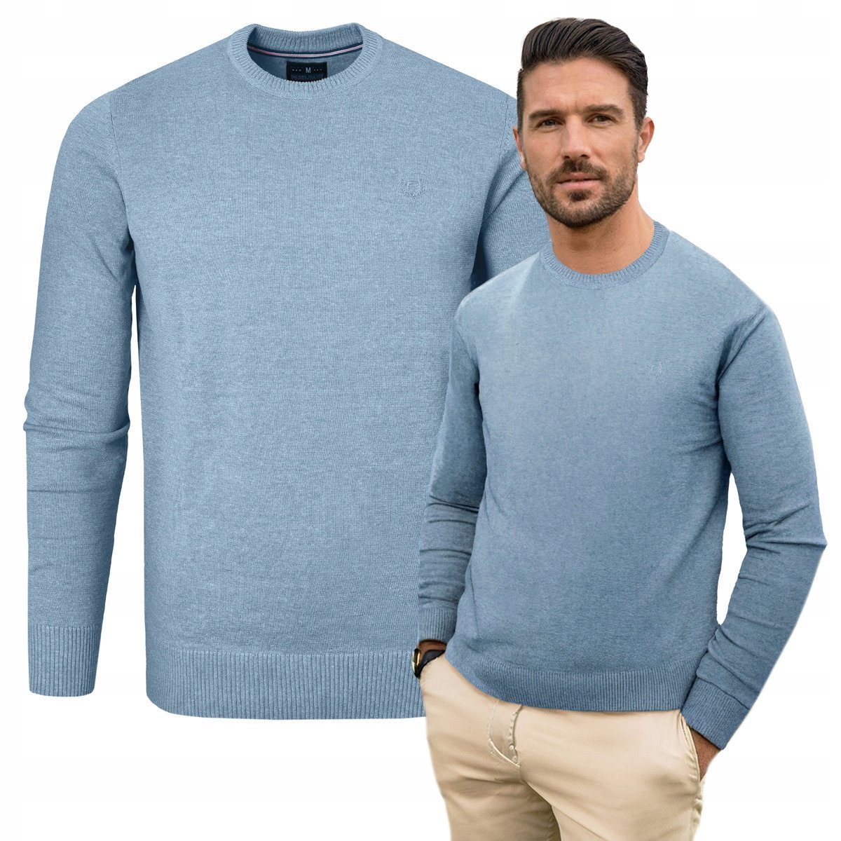SWETER Męski Klasyczny Jednokolorowy Gładki Basic JEANSOWY L Pako Jeans