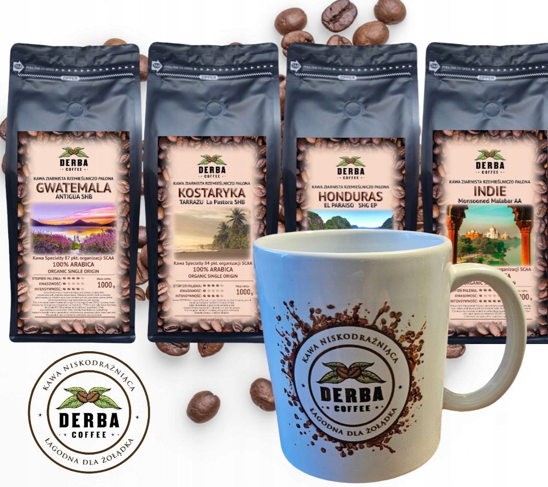 Kawa łagodna dla żołądka ziarnista 4kg zestaw kubek Derba Coffee