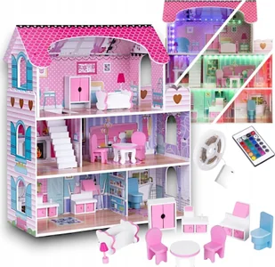 Drewniany domek dla lalek ze światłem led + mebelki - Domki dla lalek - miniaturka - grafika 1