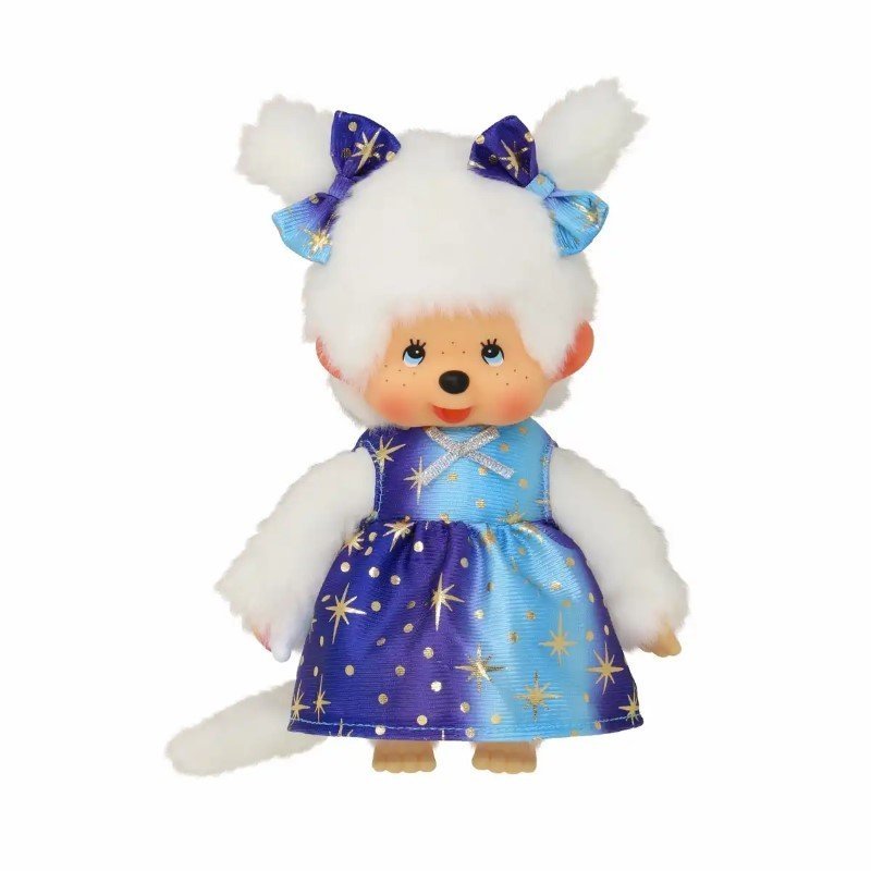 Monchhichi - Pluszowa małpka 20cm, dziewczynka w sukience w gwiazdy