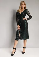 Sukienki - Zielona Cekinowa Sukienka Midi z Kopertowym Dekoltem i Wiązaniem Hadora - miniaturka - grafika 1