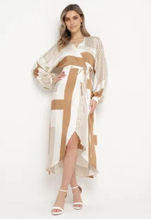 Beżowa Sukienka Kopertowa Kimono z Geometrycznym Wzorem i Wiązanym Paskiem Klerossa - Sukienki - miniaturka - grafika 1