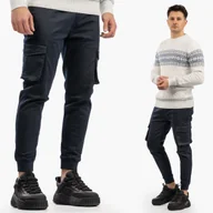Spodnie męskie - Spodnie Męskie Ze Ściągaczami Joggery Z Kieszeniami Cargo Bojówki Granatowe XXL Granatowy - miniaturka - grafika 1
