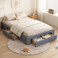 Łóżka - Łóżko tapicerowane Merax 140x200cm z 3 szufladami, łóżko podwójne z lnu, łóżko do przechowywania, łóżko drewniane bez zagłówka, łóżko młodzieżowe z litego drewna, szare - miniaturka - grafika 1