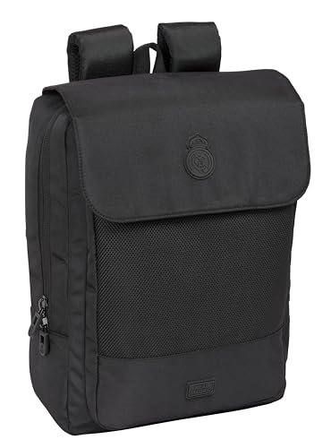 REAL MADRID PREMIUM Plecak na laptopa 13,3'' i USB z klapą, idealny dla młodzieży w różnym wieku, wygodny i wszechstronny, jakość i wytrzymałość, 29 x 12 x 39 cm, czarny, Czarny (Black), Estándar,
