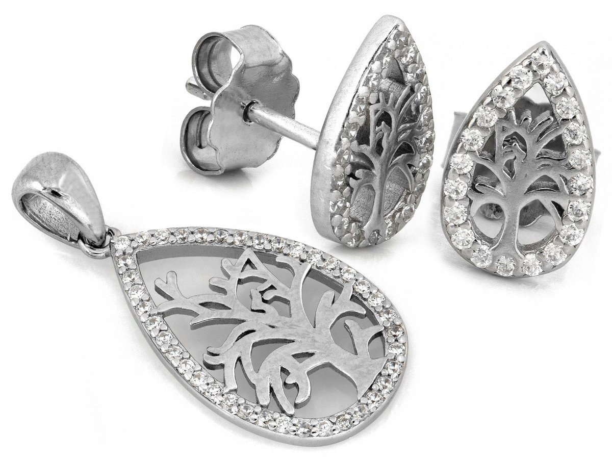 Srebrne 925 kolczyki i zawieszka kropla z cyrkoniami 3.36g eleganckie modne