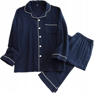 Bawełniana Piżama Męska Dwuczęściowa Na Guziczki Z Długim Rękawem Granat Xl - Piżamy damskie - miniaturka - grafika 1