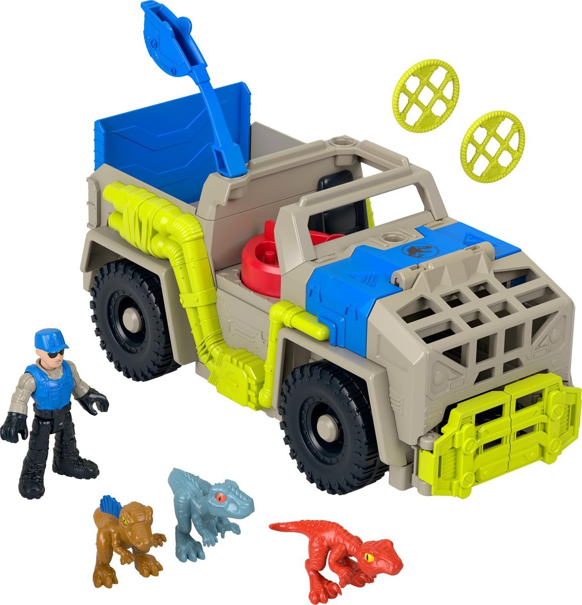 Fisher-Price Imaginext Jurassic World Transporter do łapania dinozaurów Zestaw z pojazdem i figurkami dla dzieci od 3 roku życia, HRK69