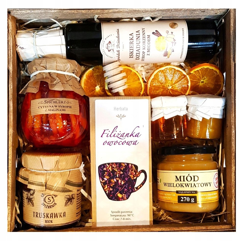 Kosz Box Zestaw Prezentowy Herbata Miód Konfitura Upominek