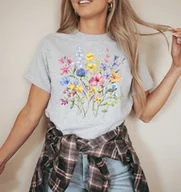Koszulki i topy damskie - Jasno szara koszulka z nadrukiem kolorowych kwiatów - wzór kwiatki2 - miniaturka - grafika 1