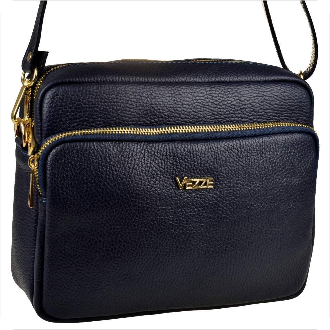 Modna skórzana torebka listonoszka granatowa złote okucia VEZZE