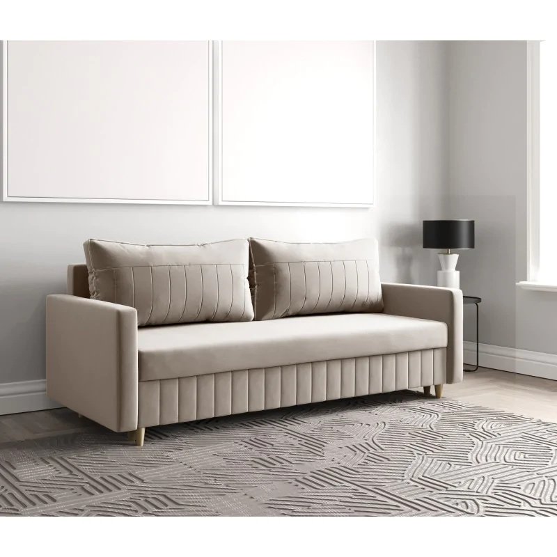 Sofa rozkładana MARO, sofa z funkcją spania i pojemnikiem na pościel, sofa rozkładana, sofa na nóżkach z naturalnego drewna, tkanina welurowa, kanapa w kolorze: beżowym