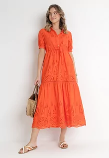 Sukienki - Pomarańczowa Haftowana Sukienka Maxi ze Ściągaczem w Talii Erlina - grafika 1