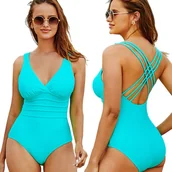 Stroje kąpielowe - STRÓJ KĄPIELOWY JEDNOCZĘŚCIOWY TURKUS DEKOLT ROZ L - miniaturka - grafika 1