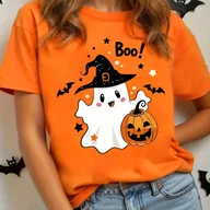 Bluzki damskie - TEMU Koszulka Damska na Halloween - Urocza Koszulka z Grafiką Duchu i Dyni z Napisem "Boo!", Pomarańczowy Casualowy Strój na Imprezę, Lekki Codzienny - miniaturka - grafika 1
