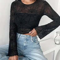 Bluzki damskie - TEMU Kobieca Elegancka Bluzka z Siatką w Pająki - Czarna, Prześwitujący Top z Długim Rękawem i Detalami na Uszach, 95% Poliester 5% Elastan, Okrągły - miniaturka - grafika 1