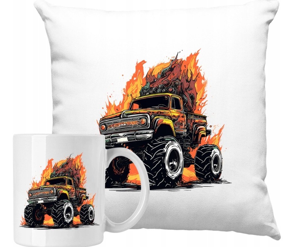 ZESTAW PODUSZKA + KUBEK Monsters Truck Pomysł Na Prezent +IMIĘ