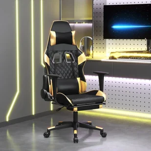 vidaXL Fotel gamingowy z podnóżkiem z czarnej i złotej sztucznej skóry - Fotel gamingowy - Krzesła gamingowe - Fotel biurowy - Krzesło - Fotele gamingowe - miniaturka - grafika 1