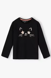 Bluzki dla dziewczynek - Bawełniana czarna bluzka z kotem dla dziewczynki - długi rękaw - grafika 1