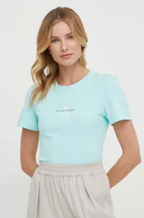 Koszulki sportowe damskie - Calvin Klein Jeans t-shirt bawełniany damski kolor niebieski - grafika 1