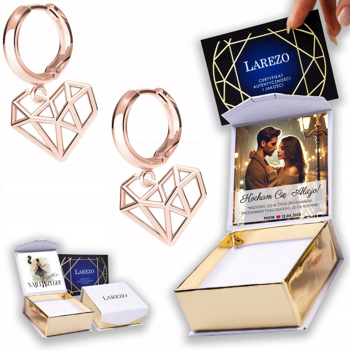 Kolczyki Pozłacane 925 Ażurowe Serca Serduszka Love Hearts Serce NADRUK