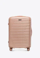Walizki - Średnia walizka z polikarbonu w poziome żebrowanie różowe złoto - miniaturka - grafika 1