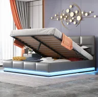 Łóżka - Łóżko tapicerowane Flieks z LED, łóżko na sprężynach hydraulicznych 160x200cm z listwami i schowkiem, łóżko podwójne drewniane łóżko młodzieżowe imitacja skóry , szare - miniaturka - grafika 1