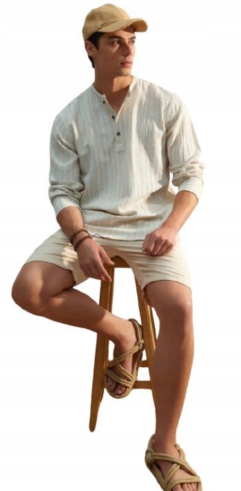 TRENDYOL BEŻOWA KOSZULA MĘSKA CASUAL LEN DŁUGI RĘKAW M 5AA