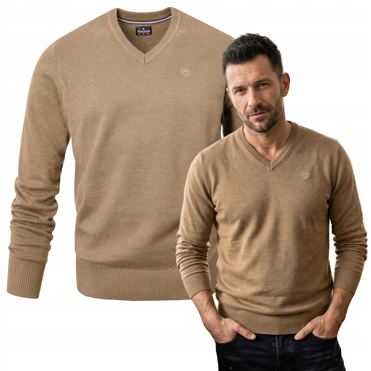 Elegancki SWETER Męski w Serek Bawełniany Basic BEŻOWY Pako Jeans Elegancki SWETER Męski w Serek Bawełniany Basic BEŻOWY M Pako Jeans