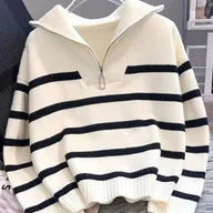 Swetry damskie - TEMU Stylowy, wysokiej jakości sweter damski w paski z blokami kolorów na zamek 2025, w stylu college z dużym kołnierzykiem i pół-zamkiem, - miniaturka - grafika 1