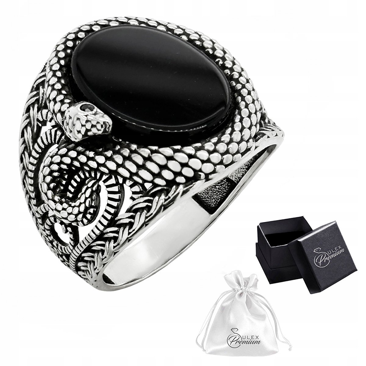 Sygnet Srebrny pr. 925 Wąż Elegancki Pierścień Męski z Onyksem r. 30