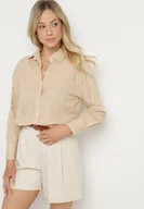 Koszule damskie - Beżowa Bawełniana Koszula z Lnem Zdobiona Haftem Terkio - miniaturka - grafika 1