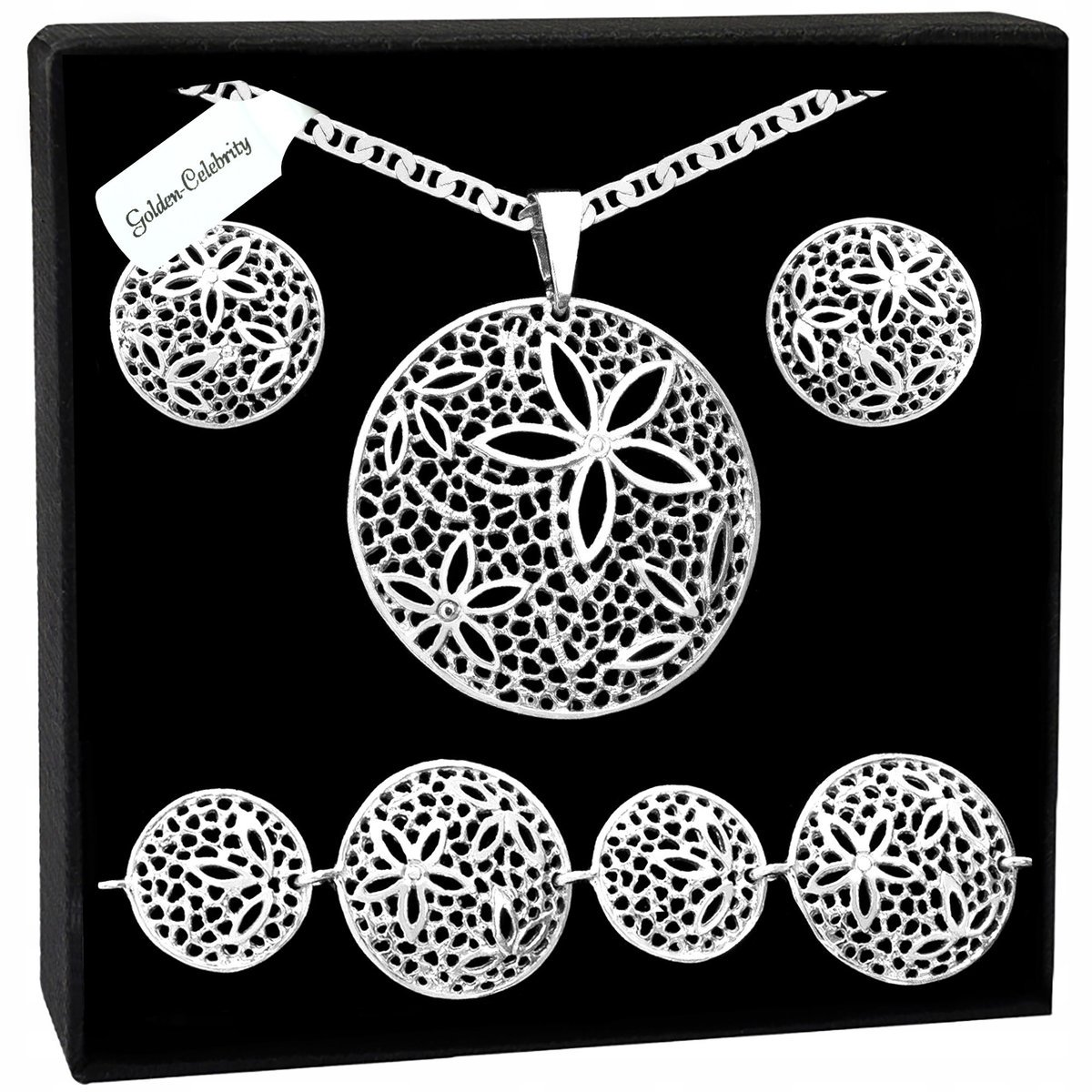 SREBRNY KOMPLET BIŻUTERII ŁAŃCUSZEK ZAWIESZKA AŻUROWA 925 BRANSOLETKA 45CM