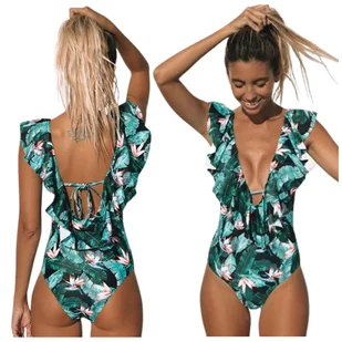 STRÓJ KĄPIELOWY JEDNOCZĘŚCIOWY MONOKINI FALBANKA PRINT W LIŚCIE WIĄZANY XL - Stroje kąpielowe - miniaturka - grafika 1