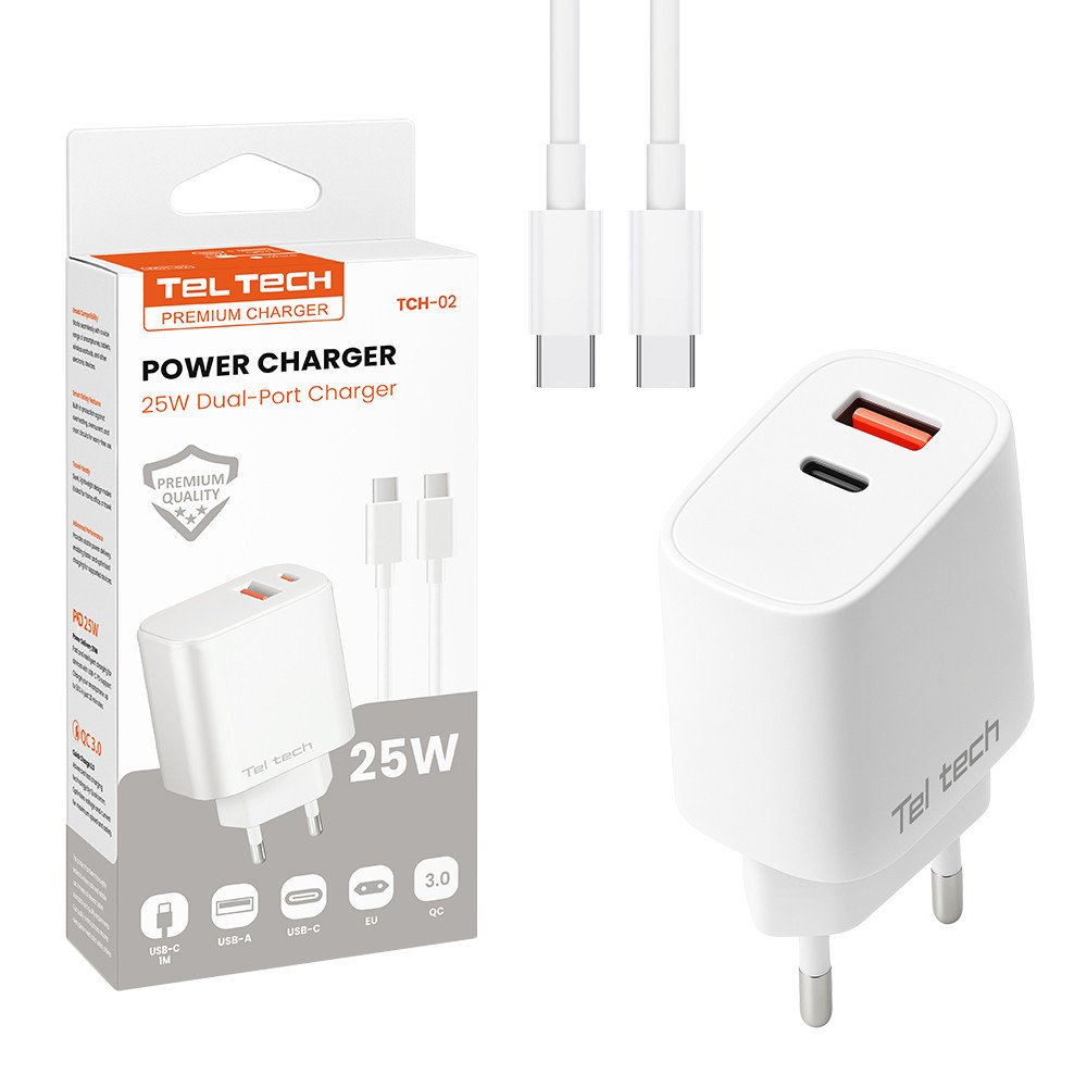 Teltech ładowarka sieciowa USB / Typ-C 25W + kabel Typ-C - Typ-C PD PPS biały TCH-02
